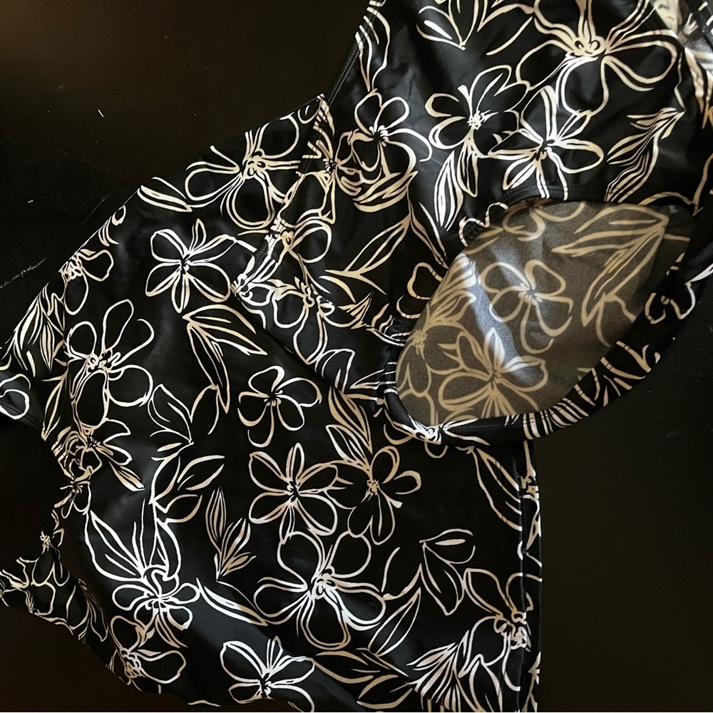 L.L. Bean Black Two-Piece Swimsuit with White Floral Print